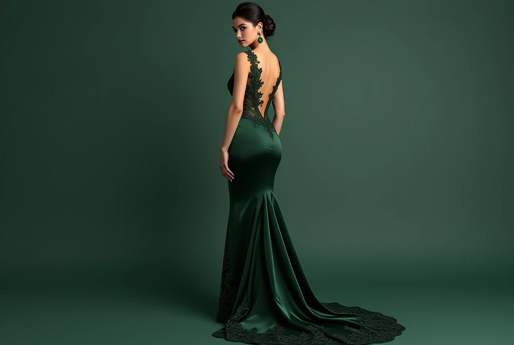 A figure in a dark emerald green silk gown with a low, open back and intricate lace detailing along the edges. The gown clings to her body, accentuating every curve, with a cascading train that follows her every step. She wears her hair in a sophisticated chignon and dons emerald earrings, creating a look of understated yet powerful seduction.20 year old black hair breast size C cup hip ratio 0.69 Design a high-resolution, ultra-realistic 4K digital