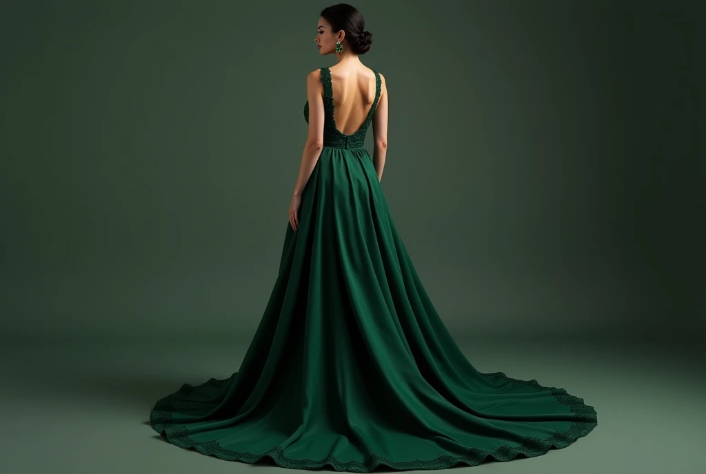 A figure in a dark emerald green silk gown with a low, open back and intricate lace detailing along the edges. The gown clings to her body, accentuating every curve, with a cascading train that follows her every step. She wears her hair in a sophisticated chignon and dons emerald earrings, creating a look of understated yet powerful seduction.20 year old black hair breast size C cup hip ratio 0.69 Design a high-resolution, ultra-realistic 4K digital