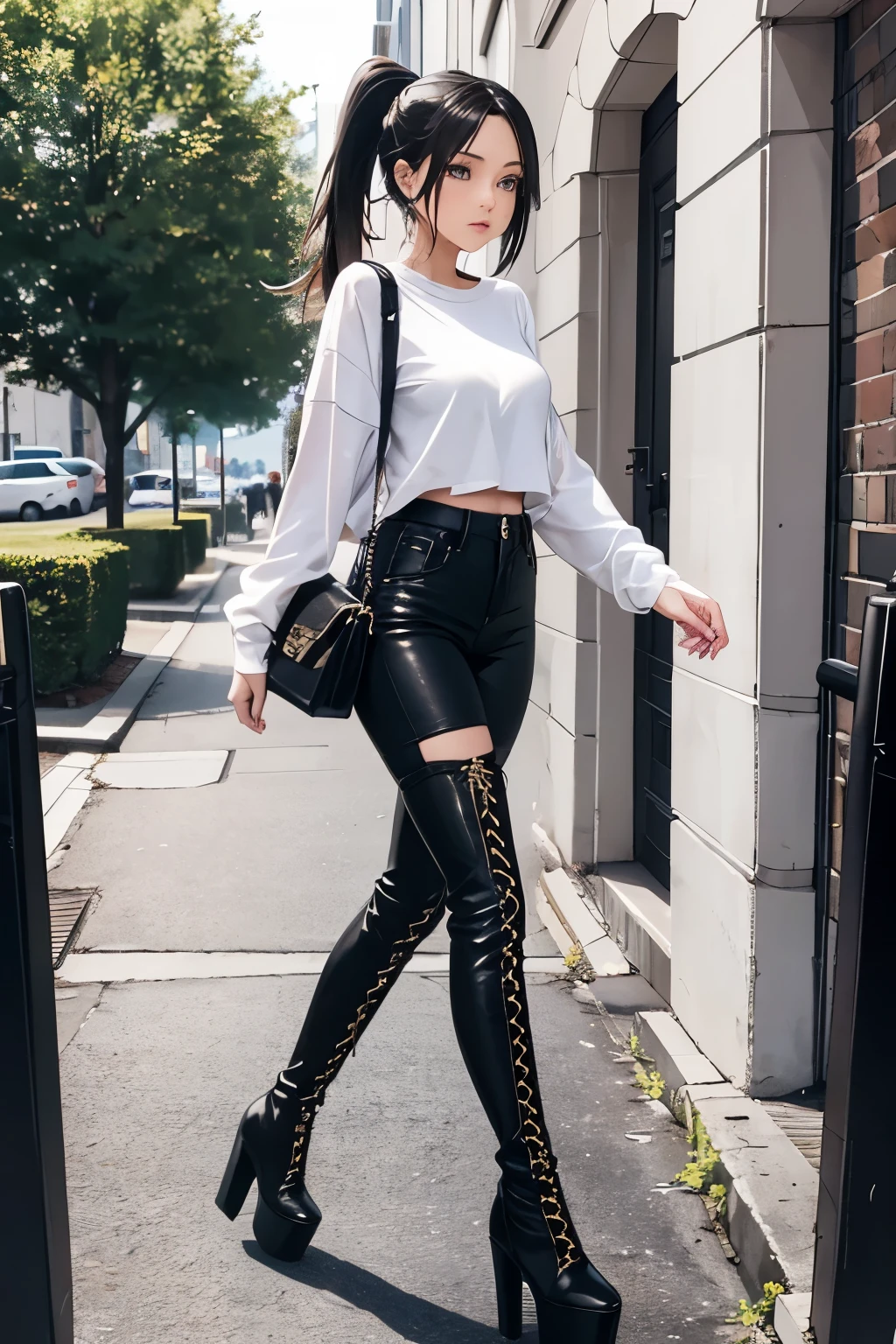 thigh high boots, platform boots, girl, high heels, lace up boots, coubtryside, walking, ponytail, jeans, long pants, boots over pants