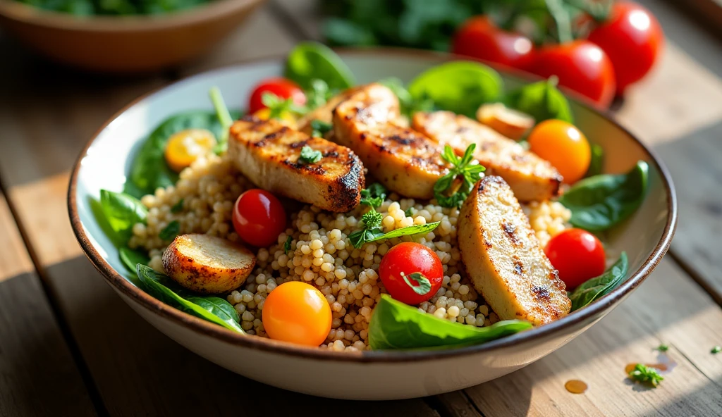 quinoa bowl with vegetables and grilled chicken