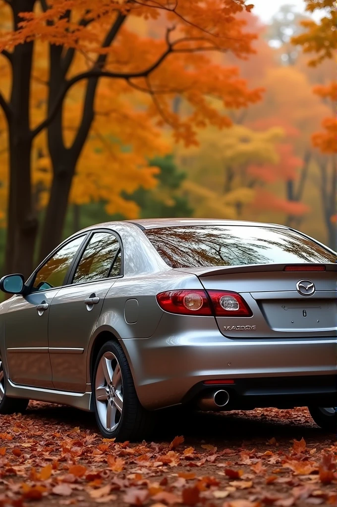 Mazda 6 2004 wallpaper in pearl gray with spoiler on autumn background for phone