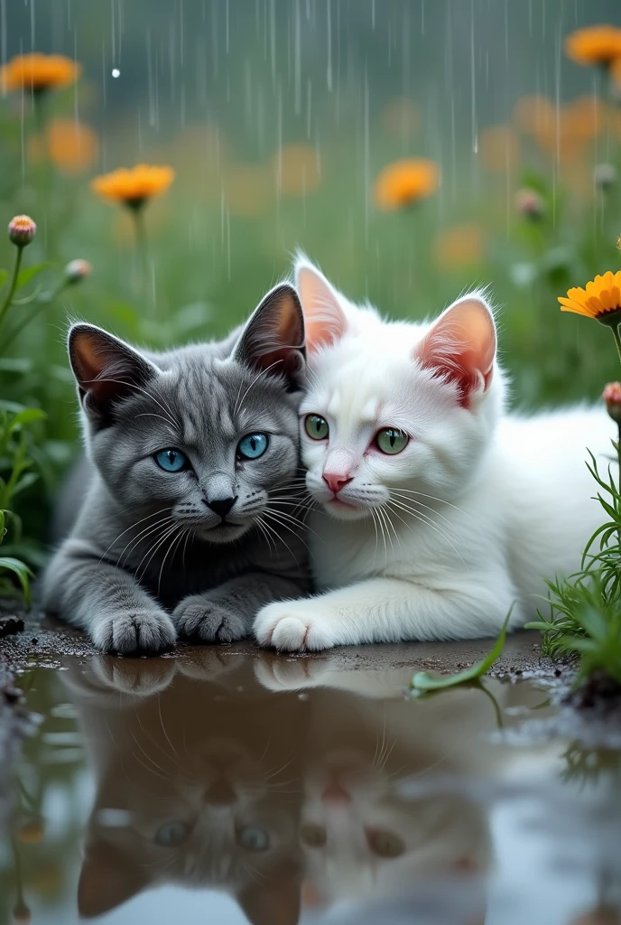 The gray cat with blue eyes and the white cat with green eyes are lying in the rain