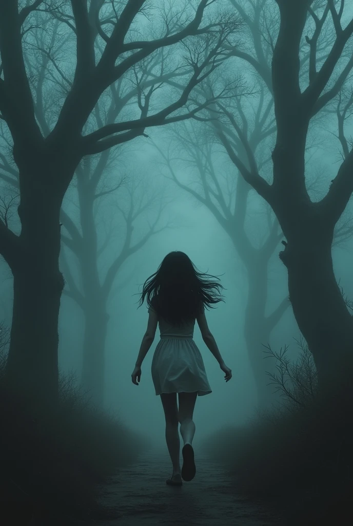a black-haired girl with shoulder-length hair, fleeing from reality.