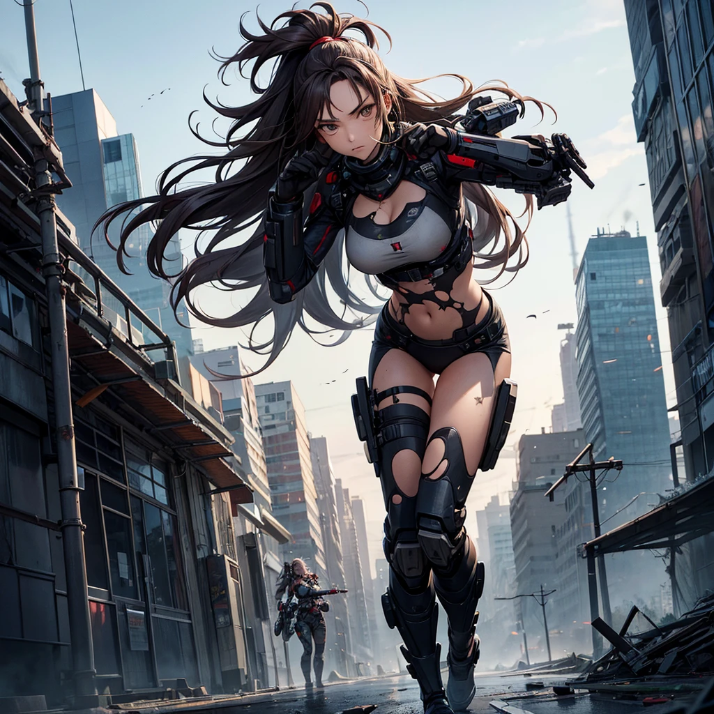 woman, unkempt hair, exosuit chest, torn clothes, war wounds, holds knife, sneaky pose, full body focus, destroyed city background