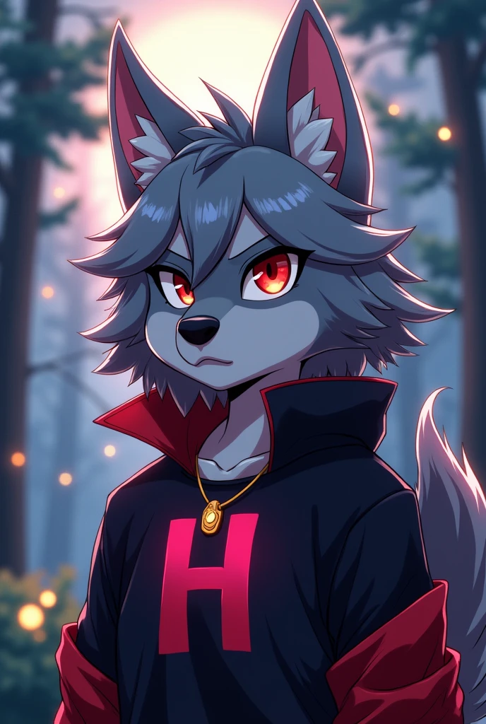 Anime style drawing of an anthropomorphic furry wolf with gray fur and slightly long, spiky hair, There is a hair passing between the two eyes, has a lot of fur behind, that goes all the way to your back, some of the fur from behind passes over the shoulder and stays in front of the chest, has a serious expression, has red eyes and dark circles, wears a red collar with a gold tag with a purple h symbol printed on it, wears a black and red long sleeve shirt from the chest down.