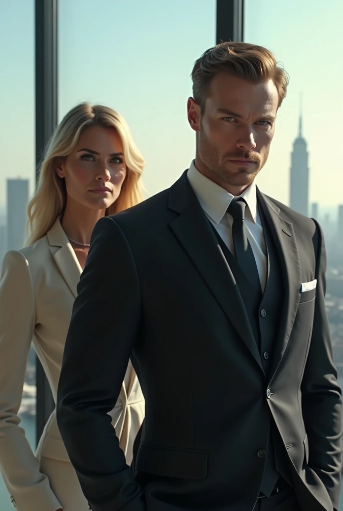 a male sigma in a suit at the office, death stare expression, standing next to a beautiful blonde woman, Woman in office suit, city skyline through the window, high quality, realist, cinematic lighting, 8k, detailed features, photorealist, sharp focus, professional studio photography