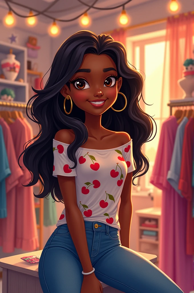 Disney-type drawing of a thin dark-skinned girl with long, medium-wavy hair, Brown eyes, right nose piercing, dressed in jeans and a t-shirt with a cherry print, sitting in her clothing store