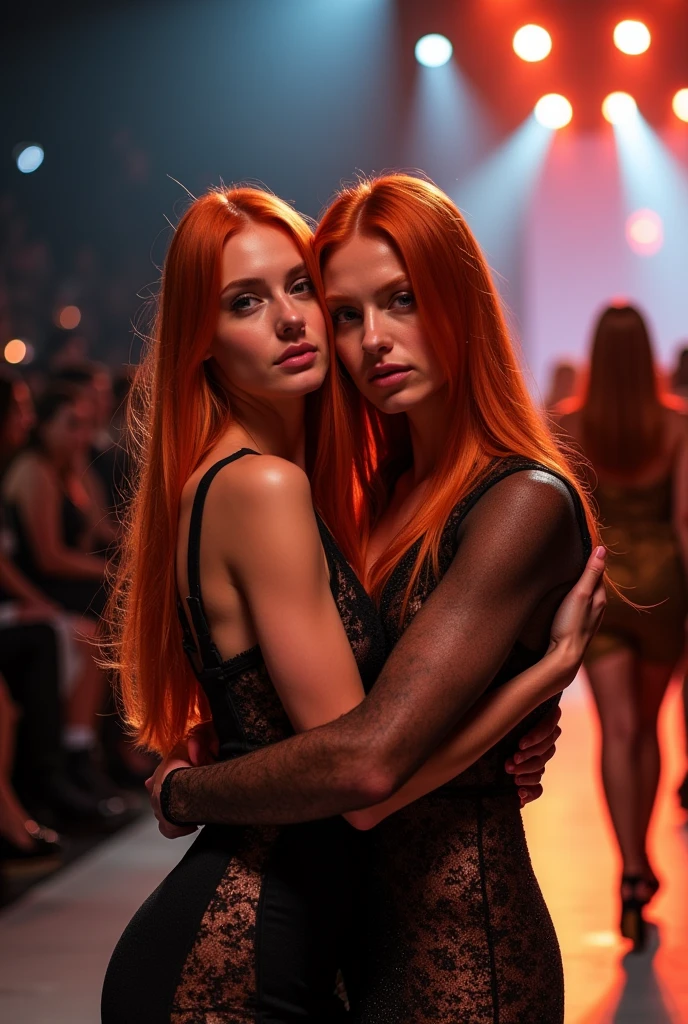 Straight haired redhead man hugging a straight haired redhead , both are models and in the background a show is happening