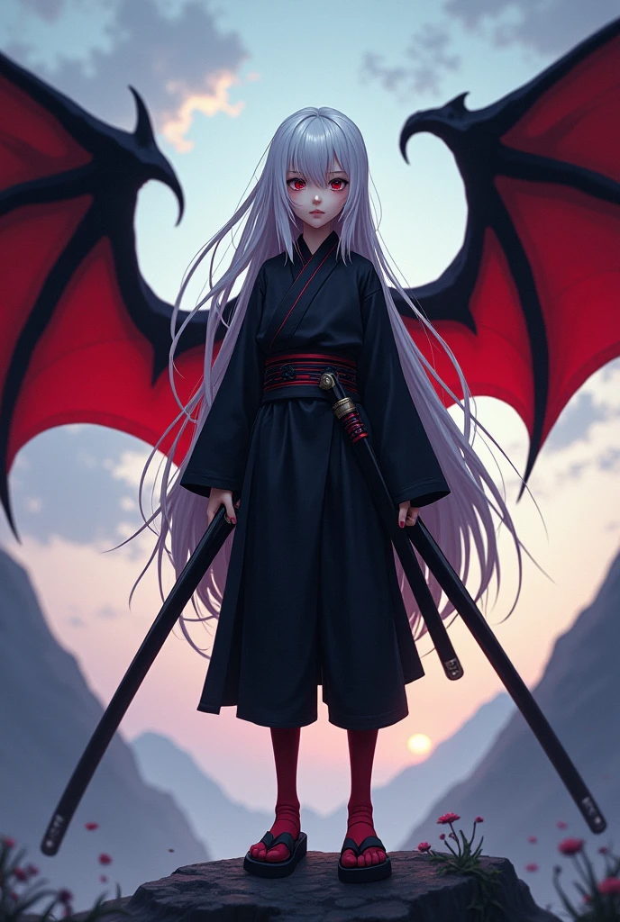 Kizuro is a young boy with a thin and slender body., 1,75 tall, Eyes red, pale skin, long white hair that reaches more than halfway down her back, with strands on each side of the head, with a fringe that covers one of his eyes, more precisely, the left eye. He wears a black Demon Slayer uniform with a slight red tint., red tabi socks, and a pair of red zori with black straps and a black haori on the back. He has a katana on each side of his waist in black sheaths., which are 90 cm long. Kizuro has black bat wings with red interior on the sides and an extremely feminine face..