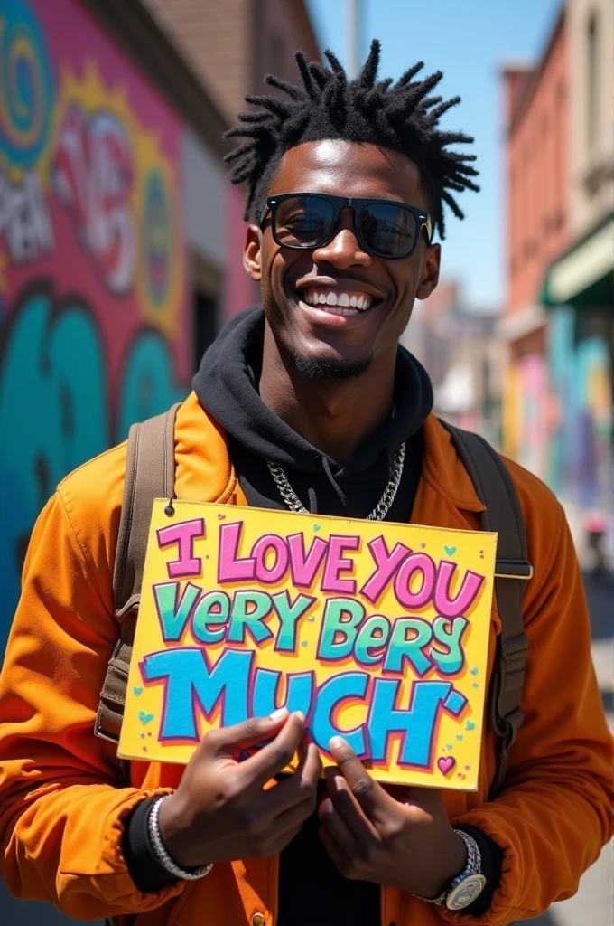 A black rapper with very long teeth and squinty eyes with a sign that says: I LOVE YOU VERY MUCH