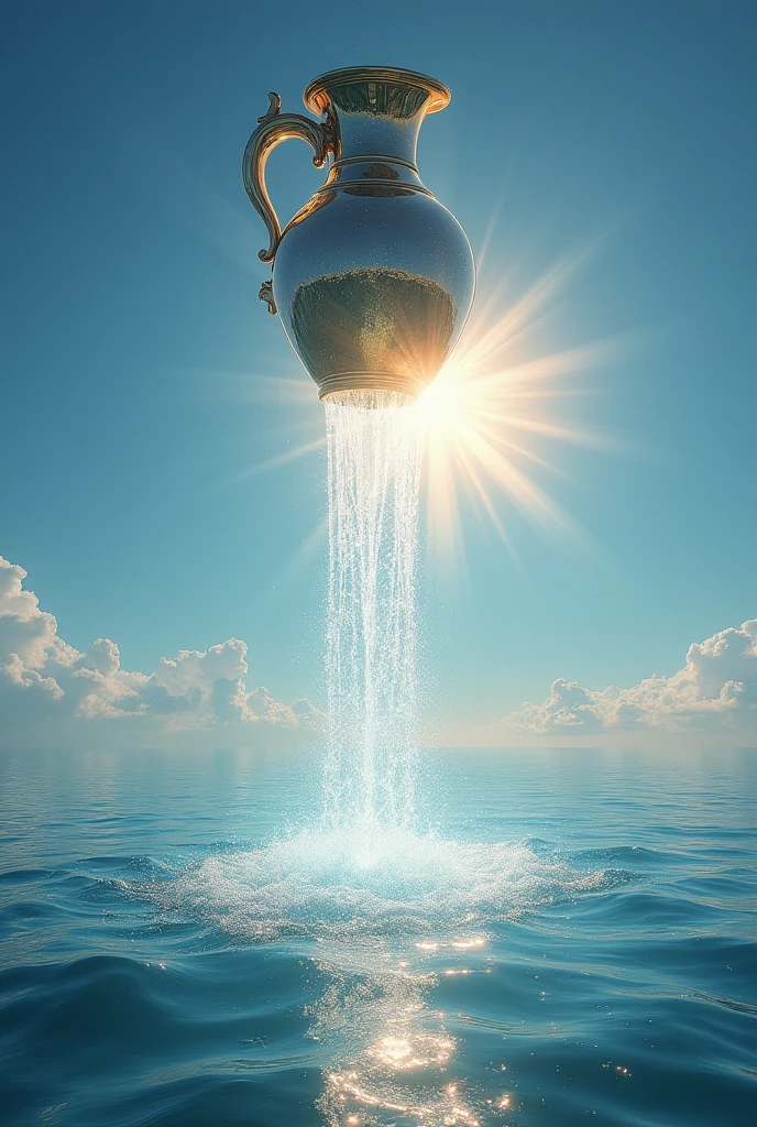 In the sky a vase of water pours over the vast sea, with a big star in the background that lights up everything 