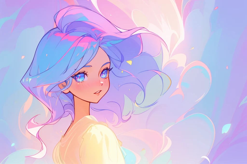 belle fille animée, inspired par Glen Keane, inspired par Lois van Baarle, (style artistique Disney), par Lois van Baarle, aura lumineuse autour, par Glen Keane, cheveux brillants et fluides, cheveux brillants et fluides, belle illustration numérique, magique, (Super détaillé, 8k, Meilleure qualité, ultra détaillé, chef-d'œuvre), dégradé bleu-bleu pâle, brillant, la lumière brille, Belle et mystérieuse adolescente, Une fille aux cheveux blancs et les yeux rouges, apparence adulte, le visage méchant, yeux rouge sang, peau pâle, cheveux blonds très clairs, cheveux longs, décor paisible, clair, eau, portrait épaule, rêveur, Esthétique, vêtements brillants brillants irisés, vêtements brillants réfléchissants, pastel, reflet, dégradé doux