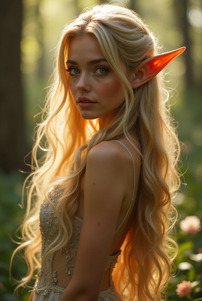 Generates an image of an elf waifu with exaggeratedly large attributes. She must have pointy ears and a lovely face., with big and expressive eyes. Your hair should be long and shiny, Flowing gracefully. Wear an elegant dress that accentuates your curves in a striking way.. The background must be a magical forest, filled with soft lights and an ethereal atmosphere that enhances its dazzling beauty." 