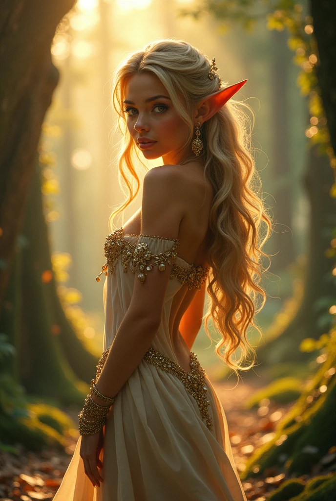 Generates an image of an elf waifu with exaggeratedly large attributes. She must have pointy ears and a lovely face., with big and expressive eyes. Your hair should be long and shiny, Flowing gracefully. Wear an elegant dress that accentuates your curves in a striking way.. The background must be a magical forest, filled with soft lights and an ethereal atmosphere that enhances its dazzling beauty."