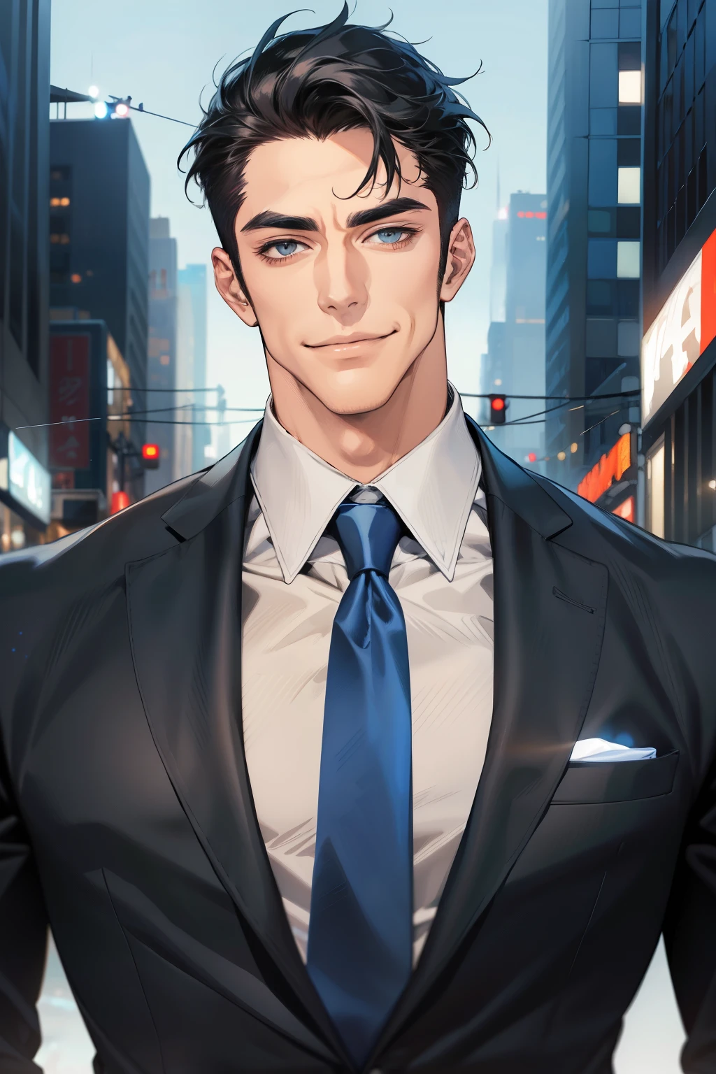 (absurdres, highres, ultra detailed, realistic, ), 1 male, solo, adult, mature, tall muscular guy, broad shoulders, handsome, very short hair, grey black  hair, blue  gray eyes, angular jaw, thick neck, thick eyebrows, night, dark, the night view of the city background, formal suit, necktie, upper body, expression smile in love.