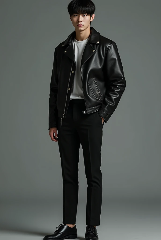 25 year old Korean young guy, tall and realistic, medium build with muscles ,broad shouldered,very pale white skin , with a gentle face,beautiful and soft ,with elongated deep blue eyes with a hunter's gaze, with a mole under the left eye,straight black hair that covers the entire forehead with bangs covering the entire forehead, wearing an elegant black leather jacket with a dark long sleeve collar, and black gloves, with dark tight trousers and formal shoes