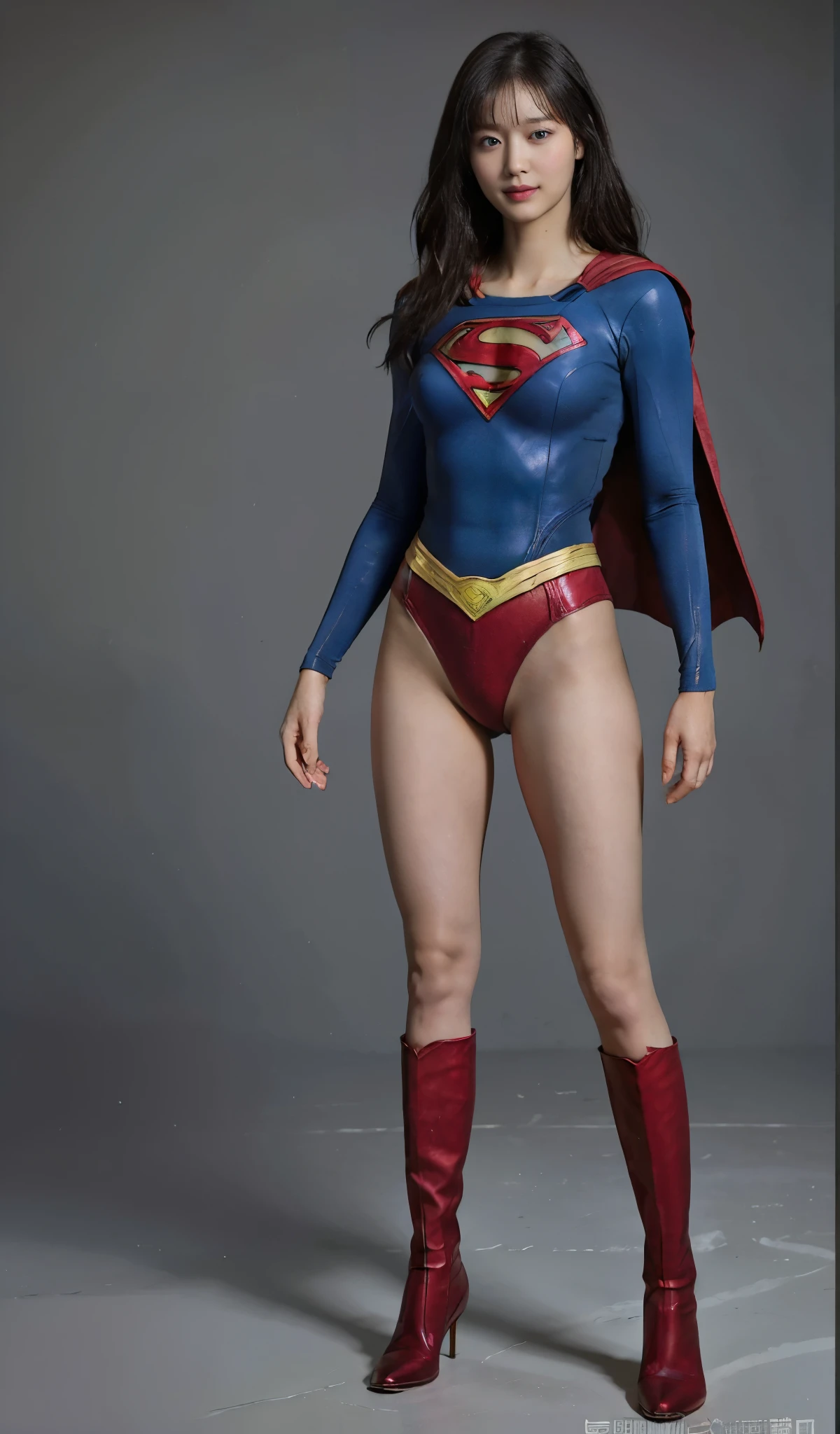 No background、(((Beautiful legs in black tights.)))、(((Legally express the beauty of your smile)))、((((Make the most of your original images)))、(((Supergirl Costume)))、(((Beautiful Hair)))、(((suffering)))、(((Please wear black tights....、Wear red boots)))、((Best image quality、8k))、((Highest quality、8k、masterpiece:1.3))、(((Preserve background )))、Sharp focus:1.2、Beautiful woman with perfect figure:1.4、Slim Abs:1.2、Wet body:1.5、Highly detailed face and skin texture、8k