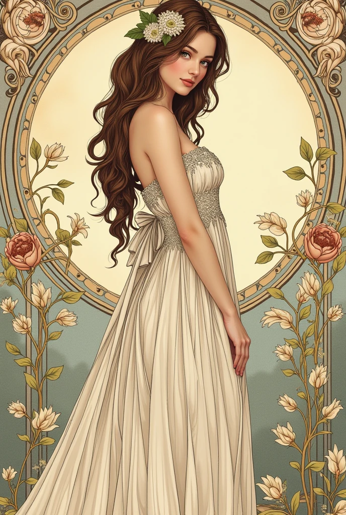 A sketch of a woman in Alphonso Mucha period dress