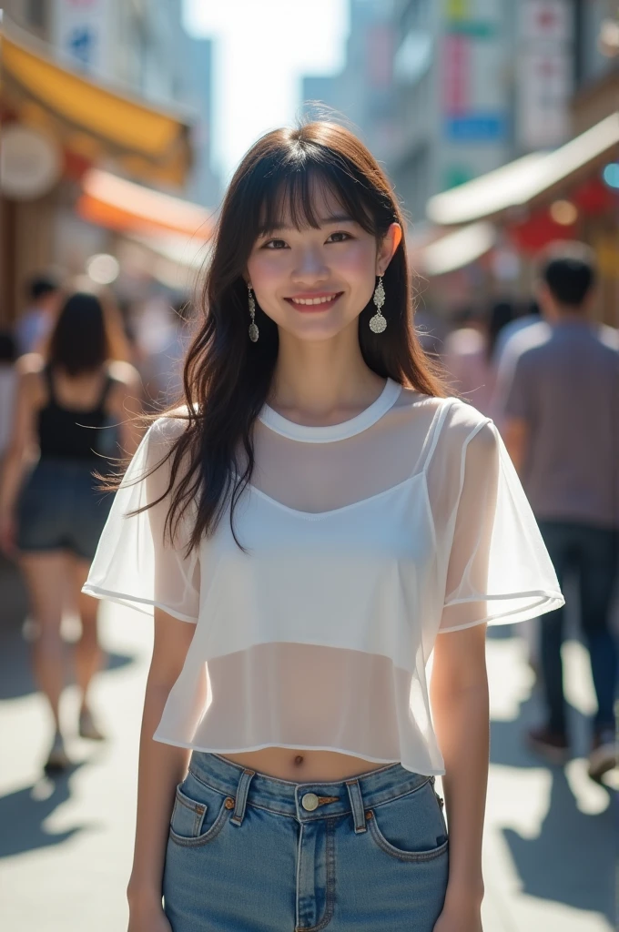1 Japanese beautiful girl, ((Transparent white T-shirt:1.2, denim pants)), 18yo girl, Super beautiful detailed face, (smile:1.4), earrings, (various hair style:1.4, bangs), cowboy shot, (small breast:1.4, chubby body), (neutral-colored small areola), nude, Naked, BREAK, masterpiece, best quality, ultra quality, high quality, realistic, photo realistic, RAW photo, hyper detailed, intricate detaile, (crowded street:1.4),