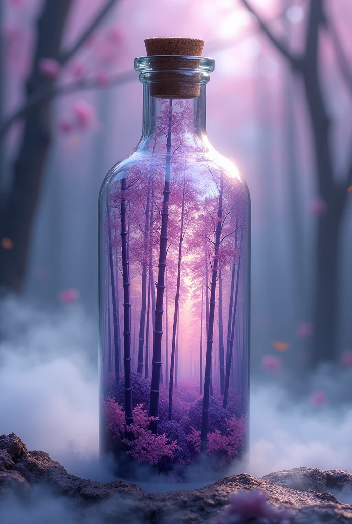 Chinese ink painting, purple bamboo forest hidden in a fairyland in a transparent glass bottle, supernatural, surreal