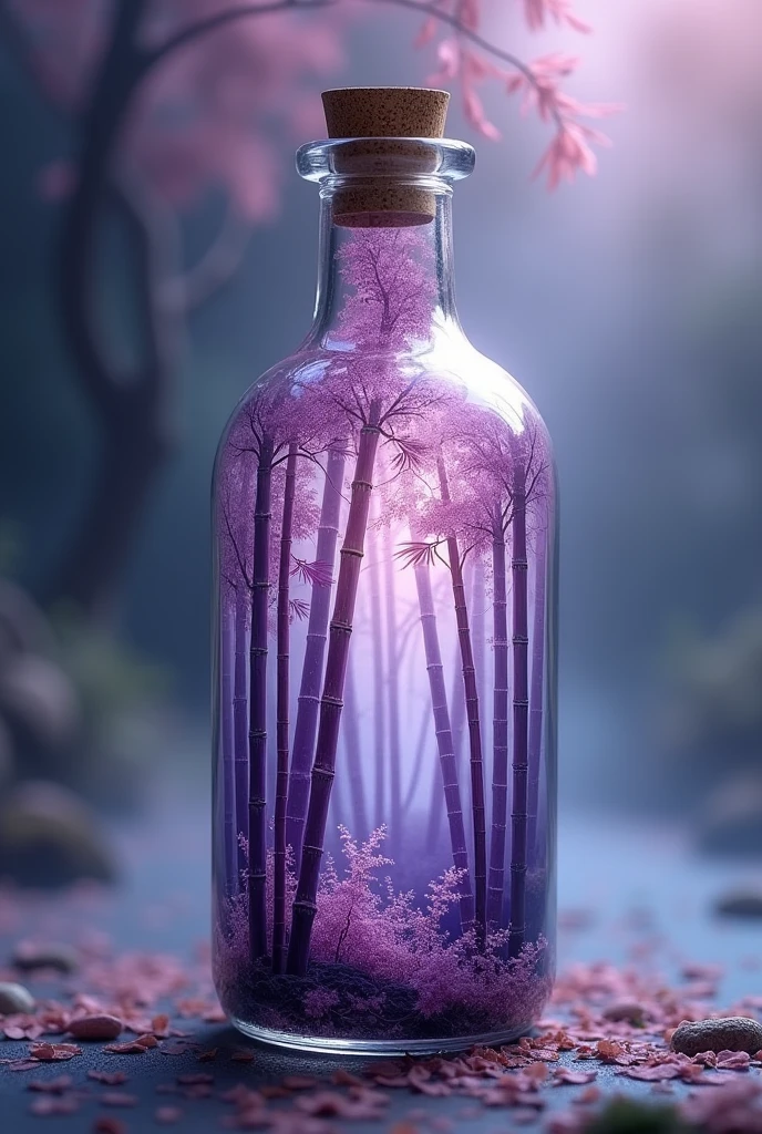 Chinese ink painting, purple bamboo forest hidden in a fairyland in a transparent glass bottle, supernatural, surreal