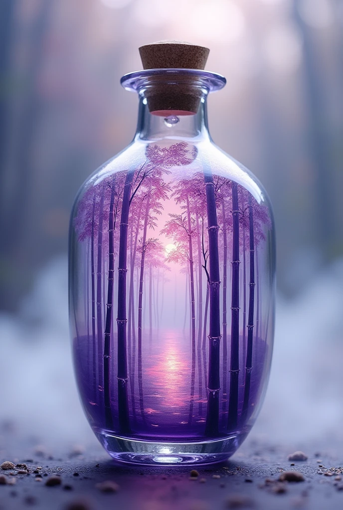 Chinese ink painting, purple bamboo forest hidden in a fairyland in a transparent glass bottle, supernatural, surreal