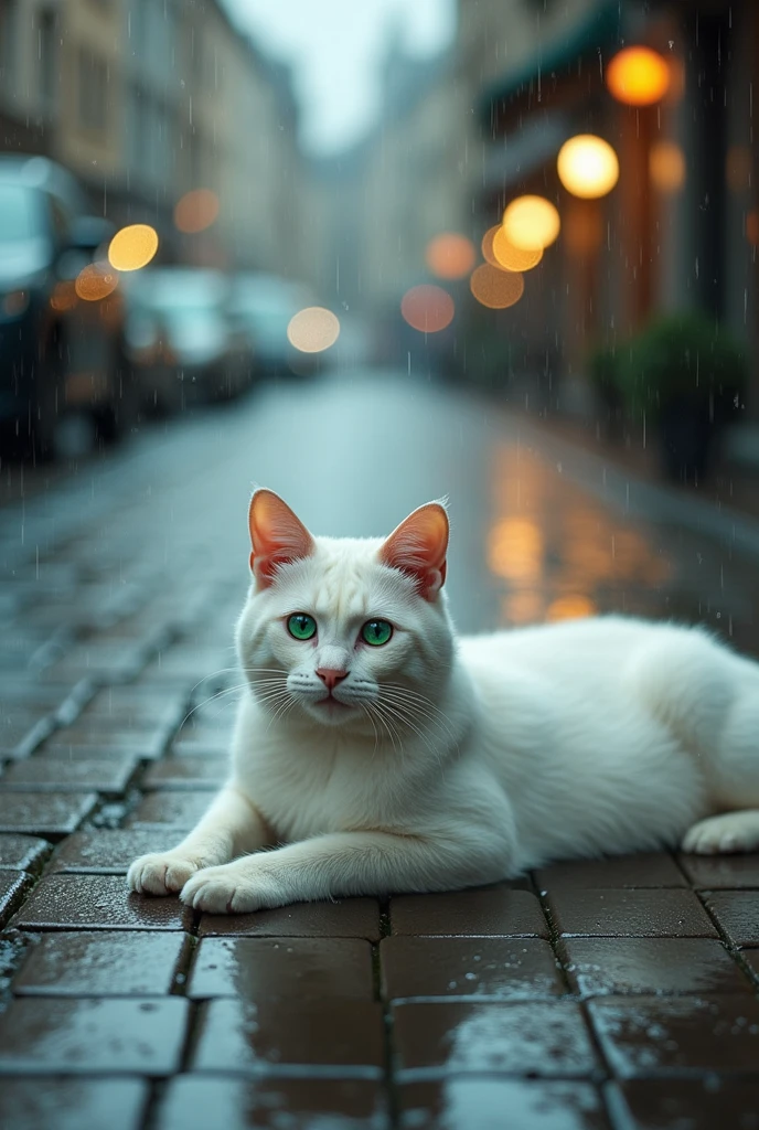the white cat with green eyes is lying in the rain
