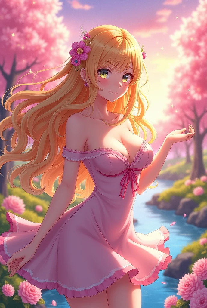 Creat a Anime waifu with BIG TITS getting blond hair 