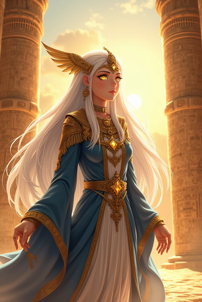 White-haired anime deity with characteristics of the god Horus.