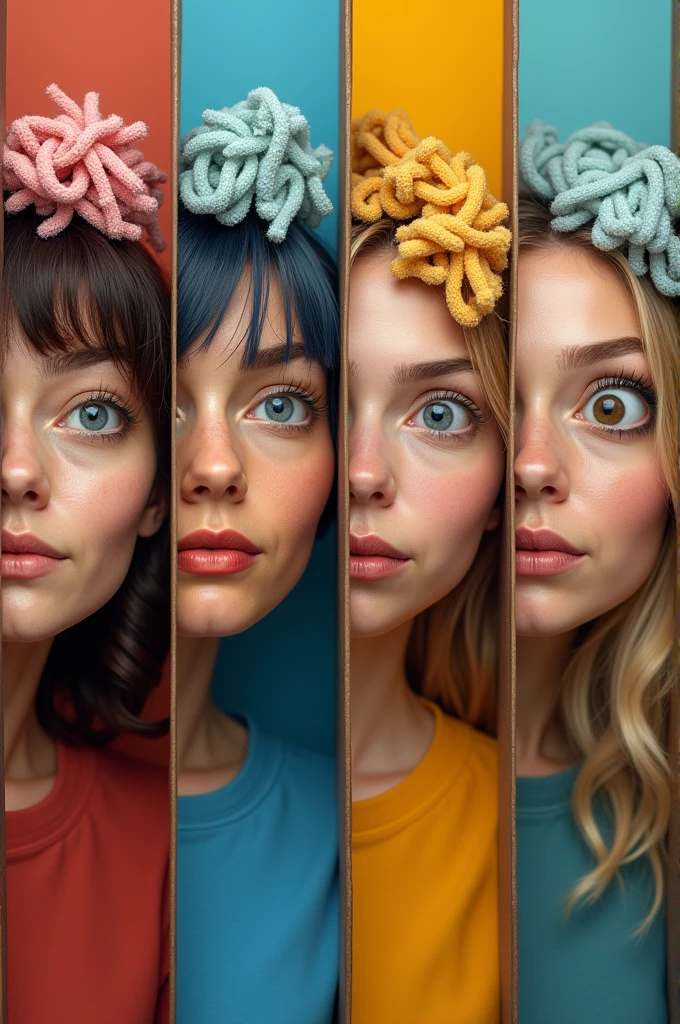 The emotions of inside out, with the face of an adult woman, Each one separated by a wall and each emotion with a mop on its head
