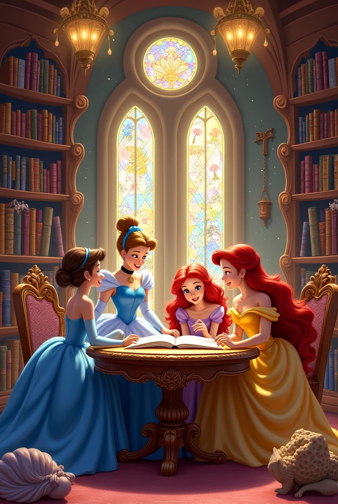 Give me a picture showing Disney princesses reading a book.