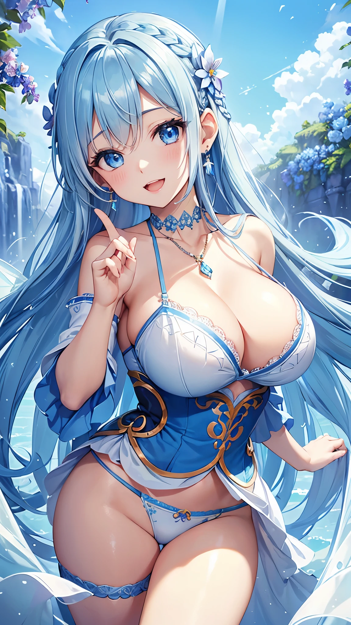 Highest quality、Highest quality、masterpiece、(8k resolution),beauty(Age 25)、(Mature Appearance)、Light blue long hair(Braiding of the sides)、blue eyes、(Light blue underwear with detailed embroidery、good)、(Fairy)、Big cleavage、((Super big breasts))、smile、blue necklace、Blue Earrings、background(flower)、Please open your mouth wide、Dynamic pose、Blue choker、