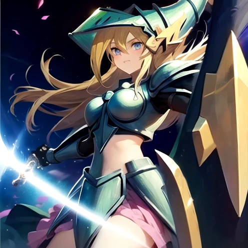 (masterpiece, best quality:1.2), 1girl, solo, long blonde hair, dark magician girl, green eyes, holding shinning sword, full body, anime, DMGDK