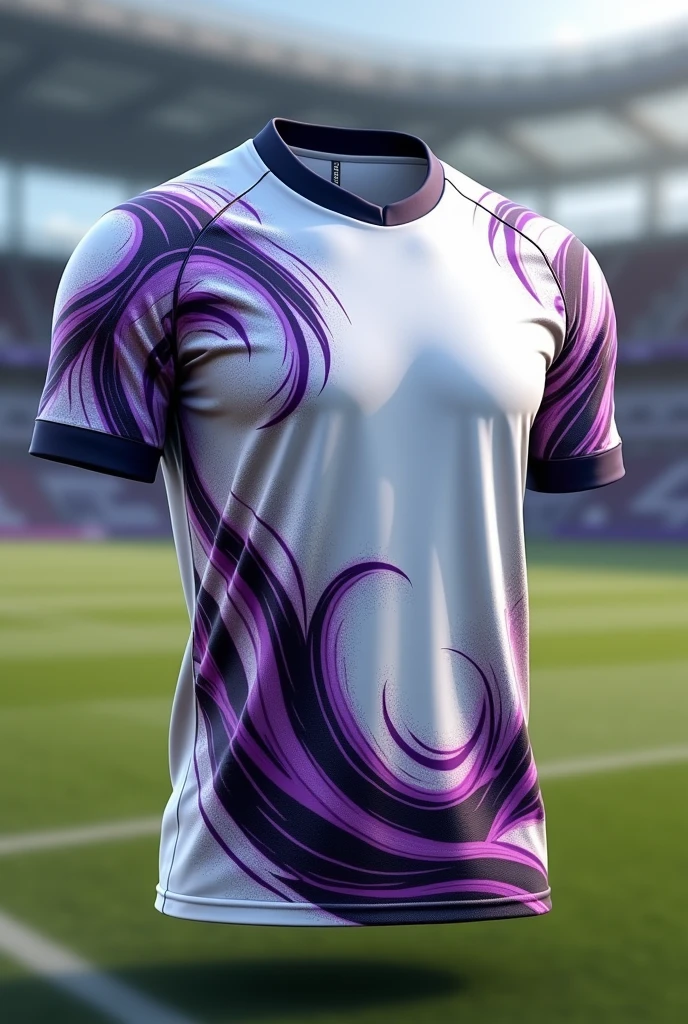 A sports jersey with a white base color and black and purple designs, that can be used for men and women
