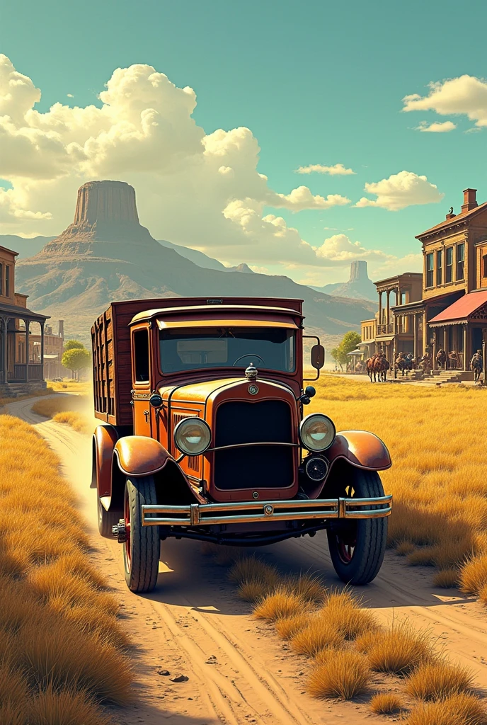 Comic color hyperrealistic look 1900s in the wild west a farm truck goes down the road in the background you can see the city