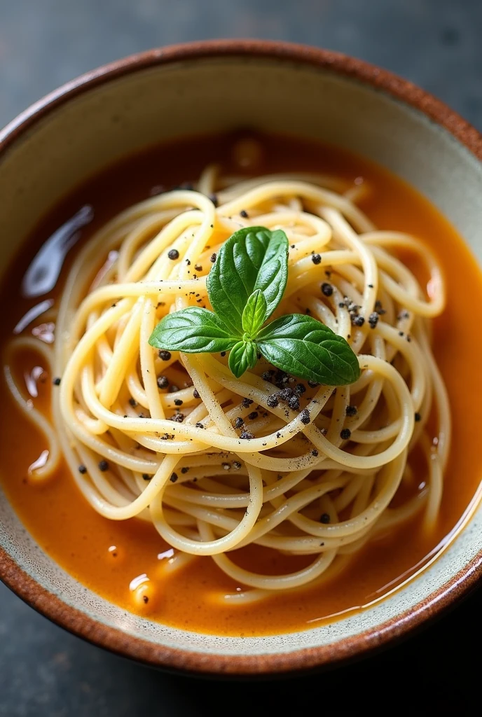Cacio e pepe with sinigang broth - topped with freshly grated pecorino romano cheese, straight top view
