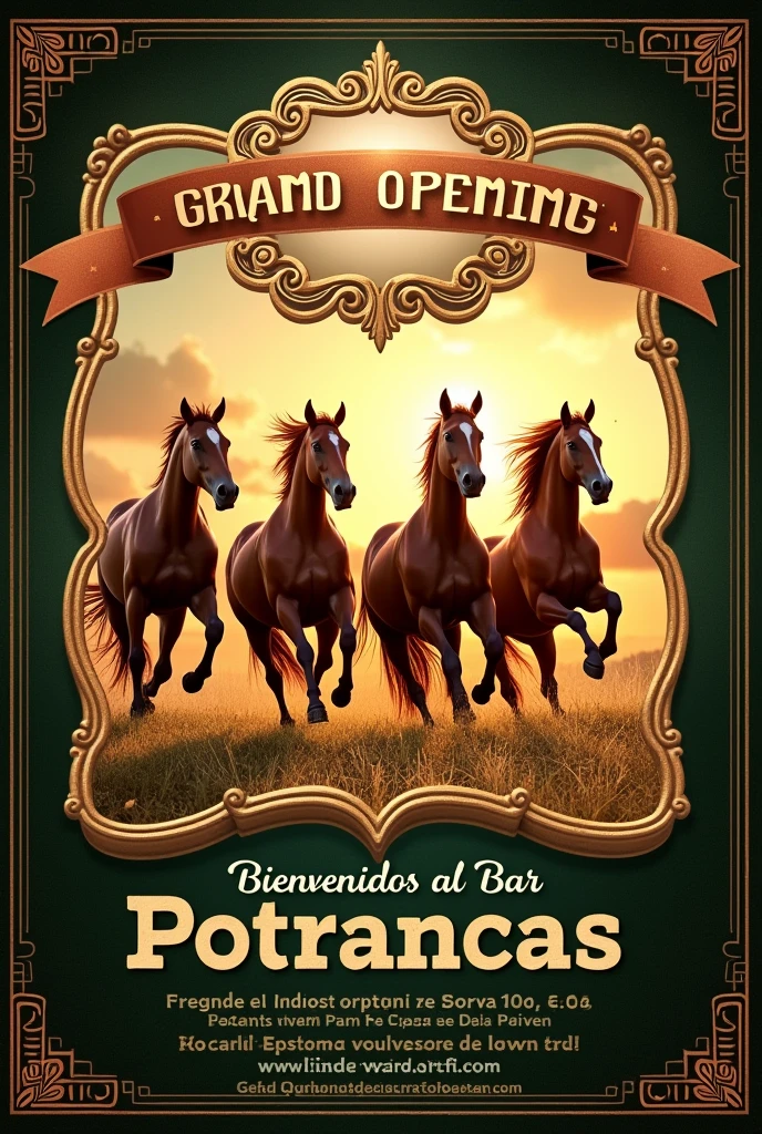 Order to Generate Promotion Poster Project le: Promotional Poster for the Opening of "Bar Restaurant Potrancas"
Poster Details:
Name of the Establishment: Bar Restaurant Potrancas
Tema Principal: Grand opening promotion for the bar restaurant.
Main colors: Use a warm and welcoming color palette, like brown tones, golden, and dark green, that evoke a rustic and elegant atmosphere.
Images:
Include pictures of horses, preferably on the move or running in a field, to highlight the name issue "Potrancas".
Use images that convey energy, fred connection with nature.
Include a representative image of the exterior or interior of the bar restaurant (Optional, if available).
Main Text:
"Grand Opening!"
"Bienvenidos al Bar Restaurant Potrancas"
"Enjoy our exquisite food and drinks in a unique atmosphere"