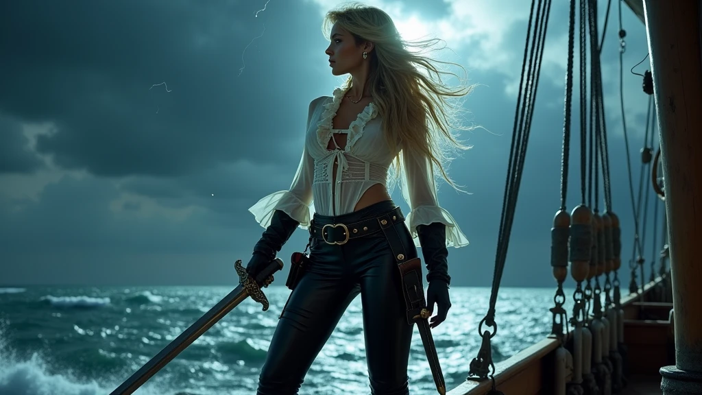 pirate queen, white ruffled see through shirt, tight black leather pants, thigh high black leather boots, pistol holster on the hip, sword in hand, long blonde hair, stormy night
