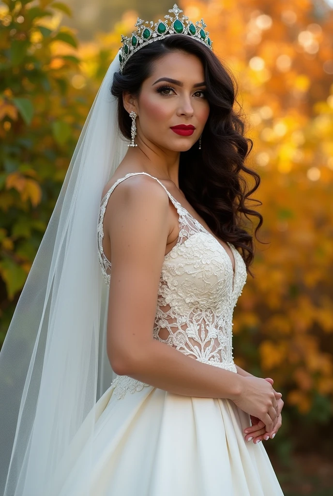 Beautiful Latin woman in wedding dress with fine details on the neckline; oyster white Irish type dress; The woman has semi-curly dark brown hair; waist-length with a beautiful emerald tiara on her head; lips painted in a matte red; she has an angelic gaze towards the audience; curvy body and large breasts; She is in the field surrounded by beautiful bushes in autumn hues; a soft wind moves the veil on her head and a small lock of hair can be seen on her face; masterpiece