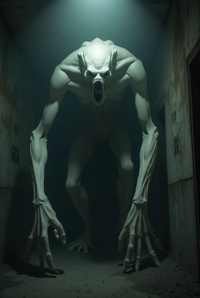 creature with long arms and a mouth that goes down to its chest, its skin is white and pale and its body is tall and medium with large claws at the tips of its fingers, its eyes are deep and marked, it is tall and is in a dark and abandoned environment where it is not possible to see him completely and in detail, he is distracted so he is not facing the camera, the camera is a little away from him and is shaky