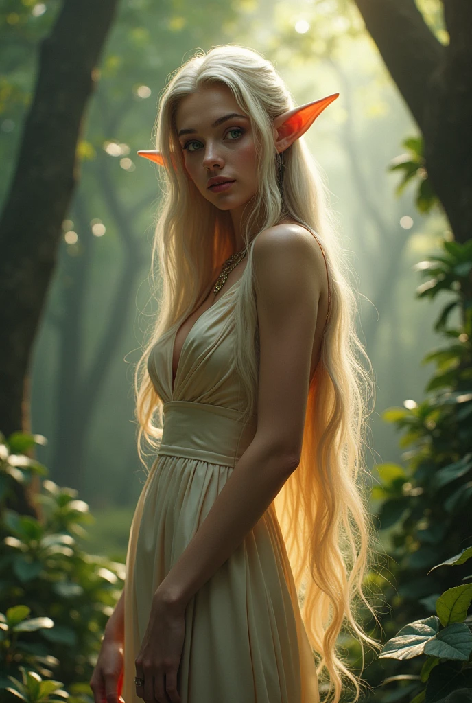 Generates an image of an elf waifu with exaggeratedly large attributes. She must have pointy ears and a lovely face., with big and expressive eyes. Your hair should be long and shiny, Flowing gracefully. Wear an elegant dress that accentuates your curves in a striking way.. The background must be a magical forest, filled with soft lights and an ethereal atmosphere that enhances its dazzling beauty."