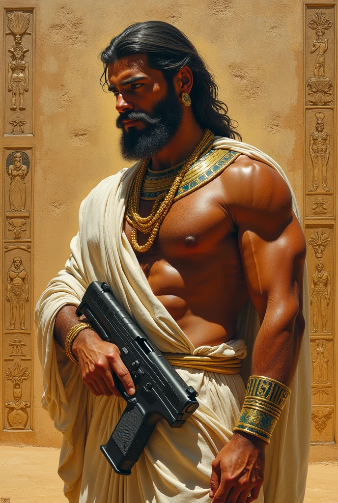 Egyptian painting of man holding glock