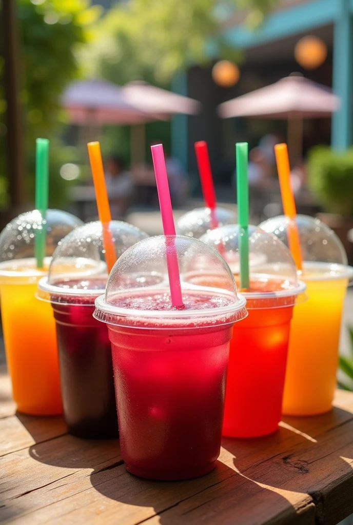 Images of juices in disposable cups with dome lids and straws 