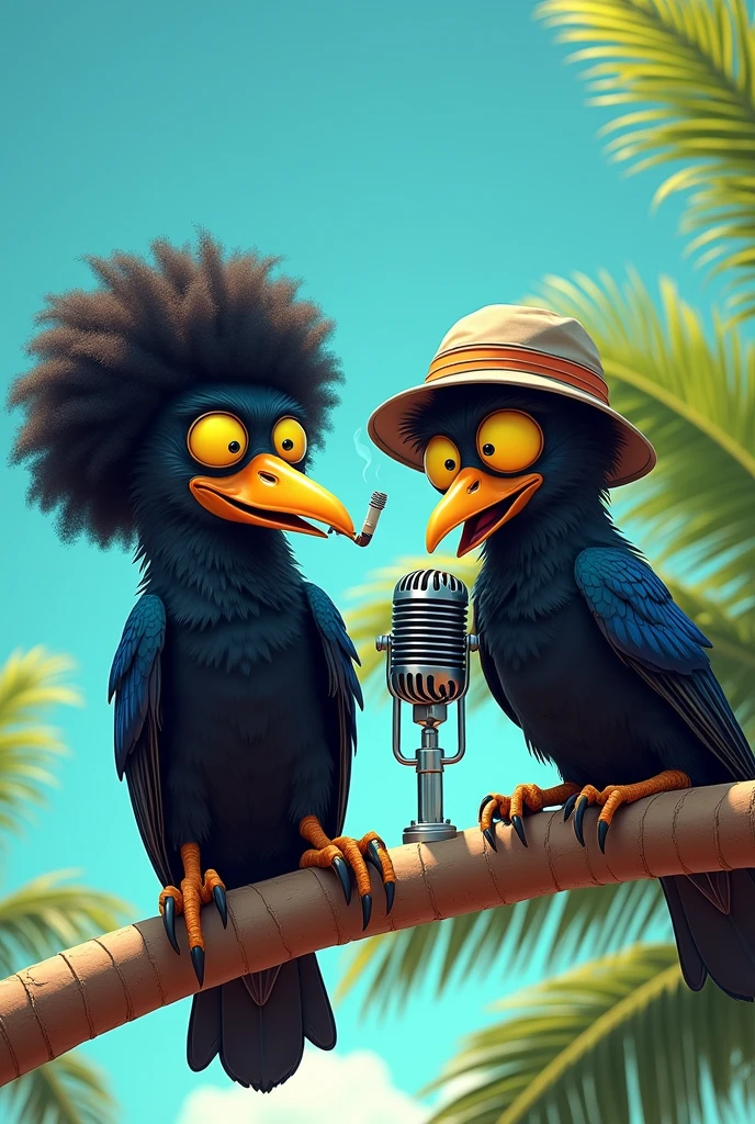 Two funny raven with yellow eye. One with
afro and is smokign and the other one with
bucket hat. haging up in a palm talking with podcast microphone.