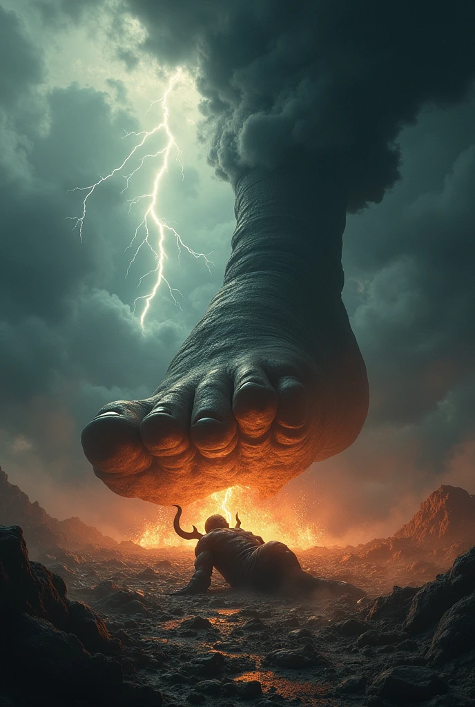 Make an image of Satan being crushed by a very large foot that comes down from the sky