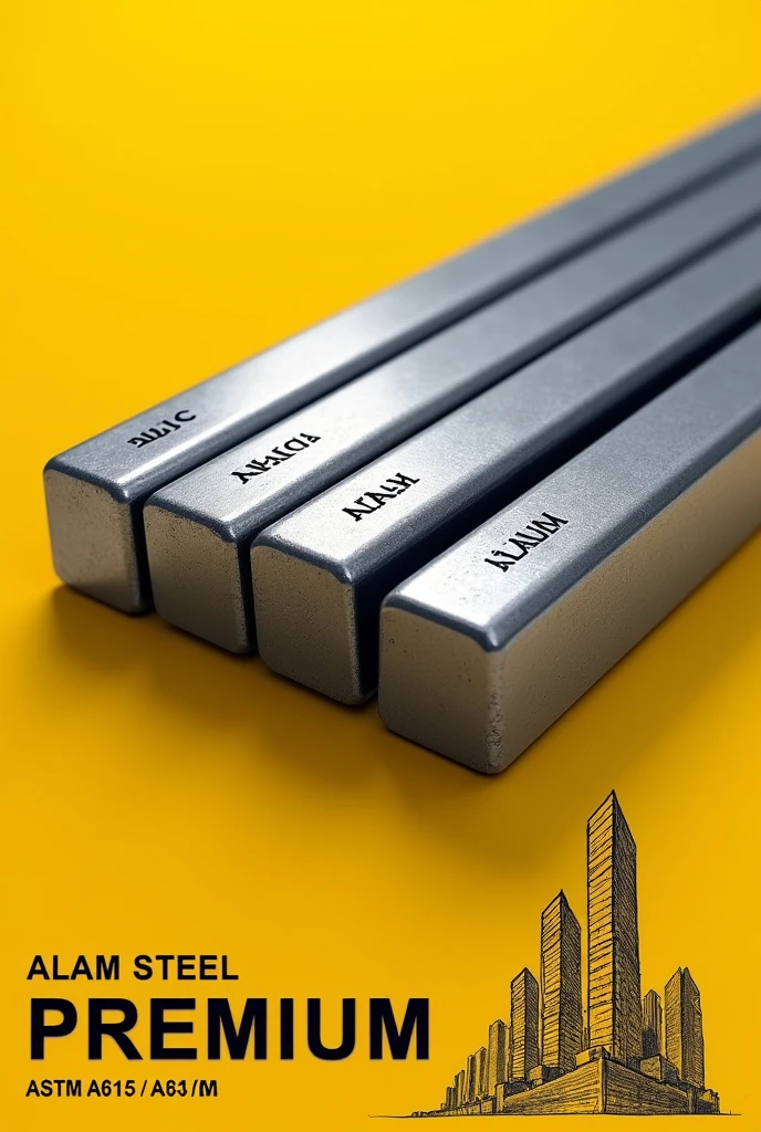 Create a high-resolution 8K image of four steel TMT bars (sariya) with a metallic texture, positioned diagonally from top-left to bottom-right, just like in the reference image. The bars should have engraved text "ALAM STEEL" instead of "Faizan Steel." The background should be yellow with a sketch of tall buildings in the lower right corner, similar to the original image. Ensure that the text on the bars is clear and well-aligned. The steel bars should appear shiny, reflecting light in a photorealistic manner. The image should also have the word "PREMIUM" written below the steel bars, followed by "ASTM A615 / A615M" in smaller font, just like the example. Use professional and detailed rendering for the overall composition to match the original quality.