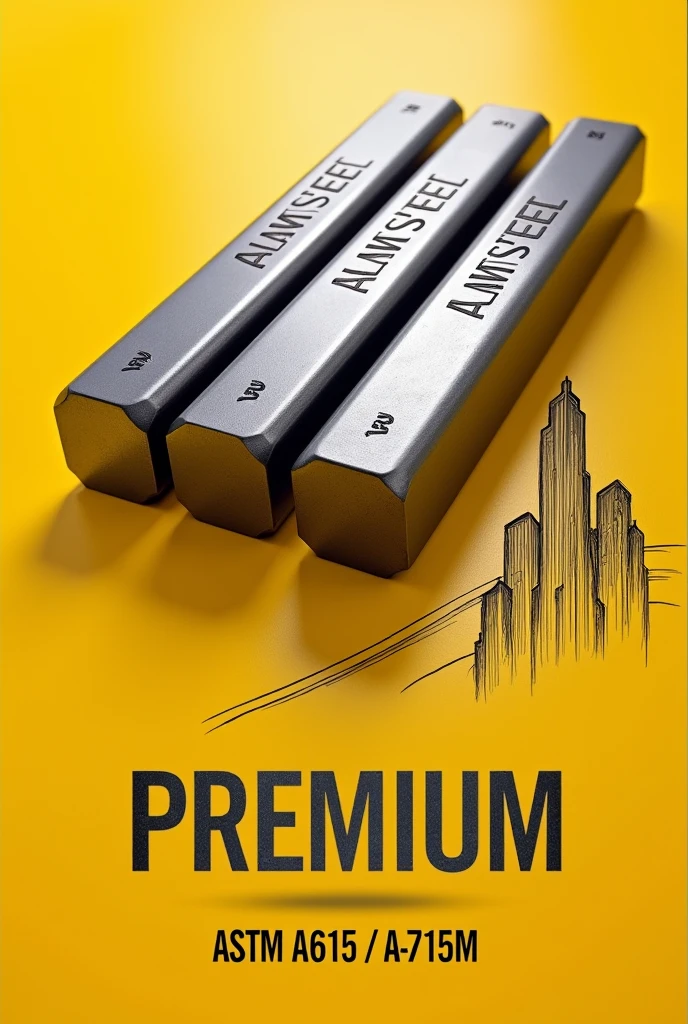 Create a high-resolution 8K image of four steel TMT bars (sariya) with a metallic texture, positioned diagonally from top-left to bottom-right, just like in the reference image. The bars should have engraved text "ALAM STEEL" instead of "Faizan Steel." The background should be yellow with a sketch of tall buildings in the lower right corner, similar to the original image. Ensure that the text on the bars is clear and well-aligned. The steel bars should appear shiny, reflecting light in a photorealistic manner. The image should also have the word "PREMIUM" written below the steel bars, followed by "ASTM A615 / A615M" in smaller font, just like the example. Use professional and detailed rendering for the overall composition to match the original quality.