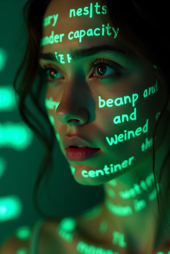 Close-up of woman's face, glowing green holographic words and phrases about needing to pee projected onto skin. Intense gaze, tearing up, worried expression, pained, blushing, realistic features. Dark background, club aesthetic. Luminous phrases about bladder capacity, wetting pee accident, handwritten style. Futuristic, high-tech atmosphere. Photorealistic rendering, dramatic lighting, sharp contrast