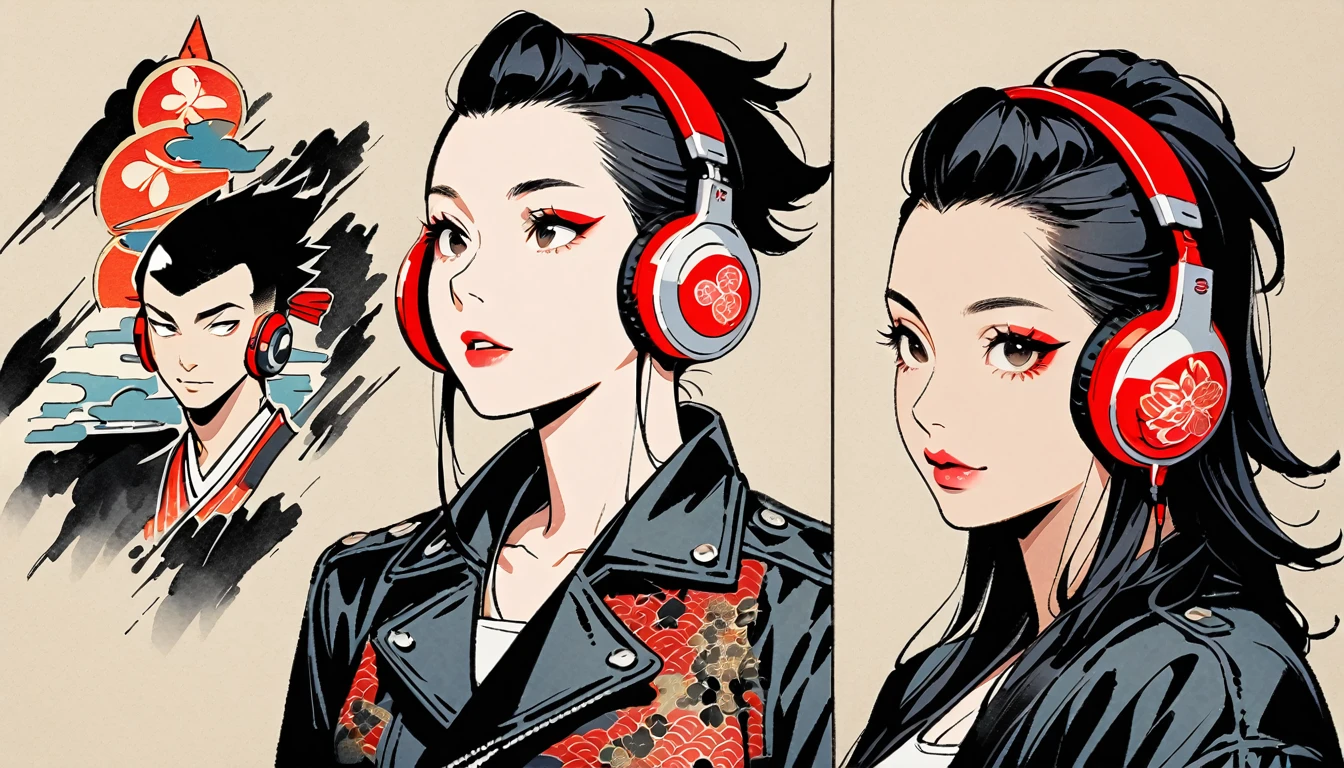 (((Ink Painting))), (((from above))), (((1 female))), (((Leather jacket with Japanese patterns))), (((Mohawk))), (((Very flashy makeup))), Japanese style headphones, devil, face close-up, front view, Japan人の美少女, Black Hair, Delicate and precise, Modern ukiyo-e style,Japan, Droopy eyes, round face, Fearless smile, Fuller lips, vivid color