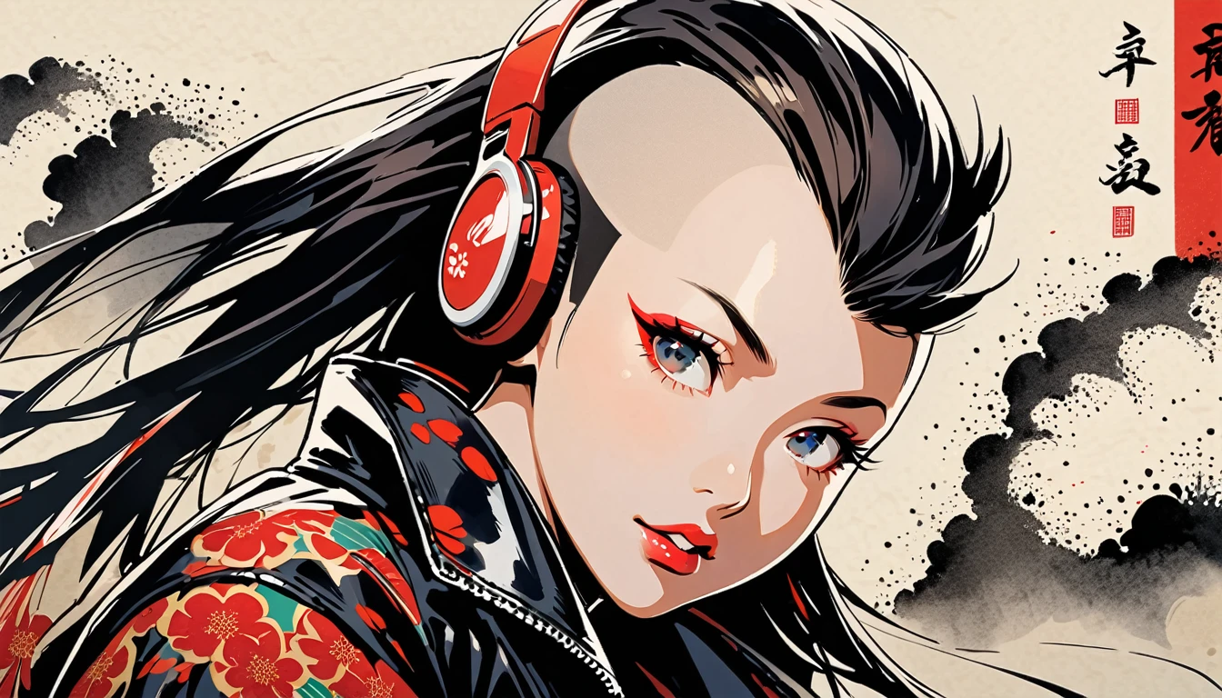 (((Ink Painting))), (((from above))), (((1 female))), (((Leather jacket with Japanese patterns))), (((Mohawk))), (((Very flashy makeup))), Japanese style headphones, devil, face close-up, front view, Japan人の美少女, Black Hair, Delicate and precise, Modern ukiyo-e style,Japan, Droopy eyes, round face, Fearless smile, Fuller lips, vivid color